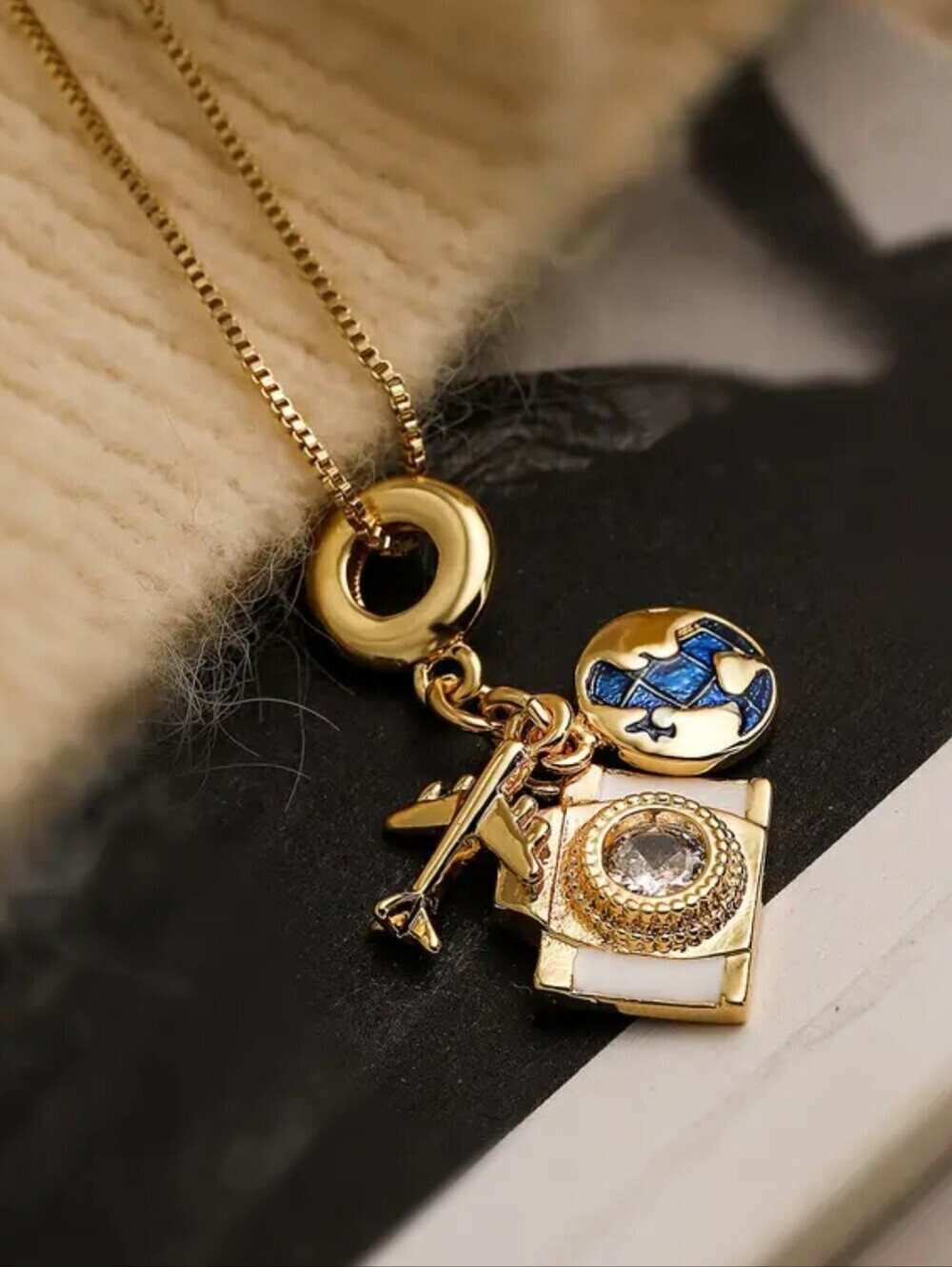 Travel Charm Necklace Gold Plated Airplane Globe Suitcase Pendant Gift for Her